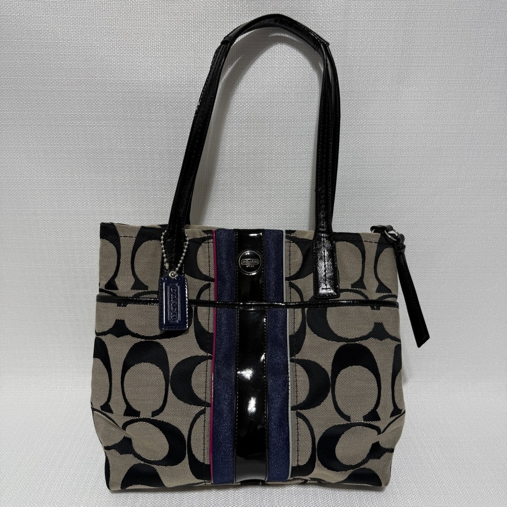 Coach Signature Shoulder Purse Tote Black Grey Bl… - image 6